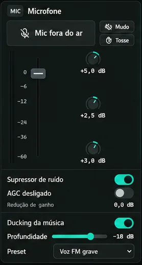 Painel do microfone com fader, supressor de ruído, AGC e ducking.
