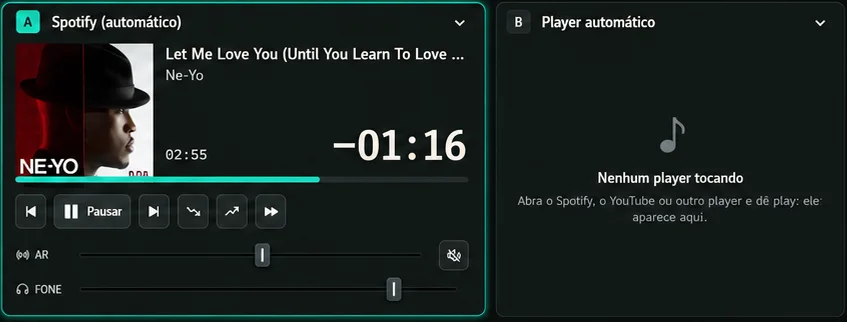 Deck A tocando uma faixa do Spotify em modo automático, deck B aguardando um player e a barra de crossfader.